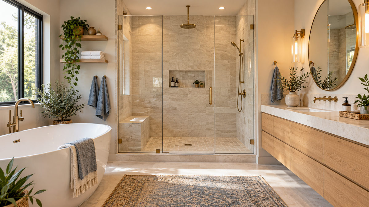 Renovated bathroom with tiled walk-in shower and new vanity
