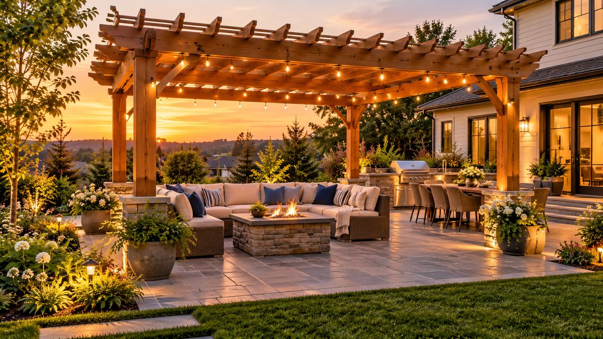 Backyard deck with outdoor seating and pergola