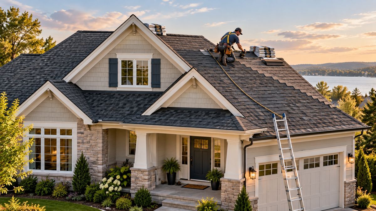 Roofer installing new shingles on a home